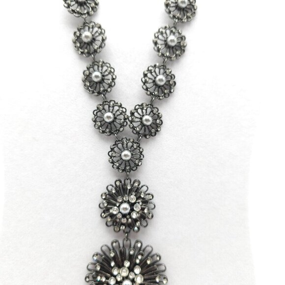 Erica Lyons Black Floral Statement Necklace With Faux Pearls Rhinestones - Picture 3 of 7